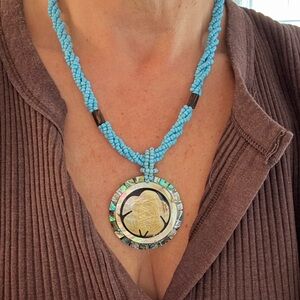 Turtle Pendant Abalone Mother of Pearl Turquoise Beaded Necklace